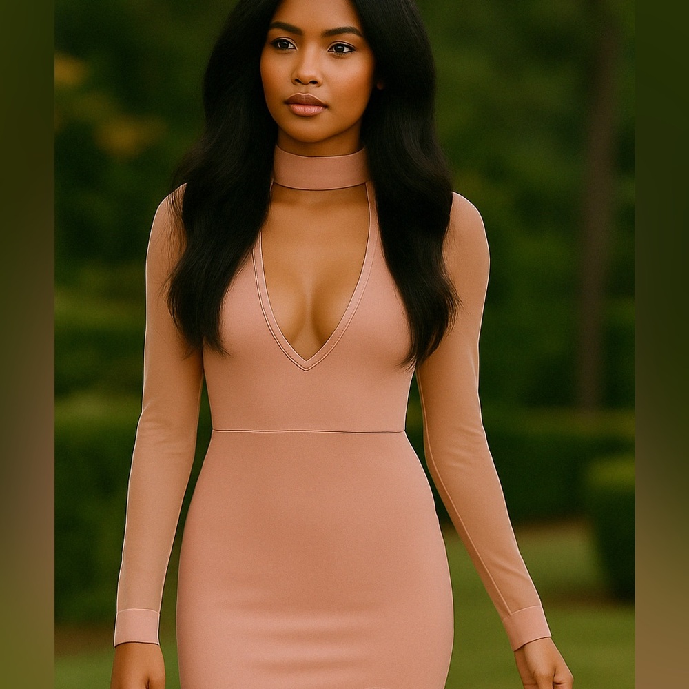 V-neck pink Mini Dress with mesh sleeves  size L